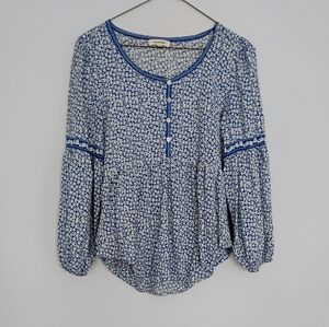 Max Studio Peasant Boho Scoop Neck Smocked Blouse Blue & White Ditsy Floral - S